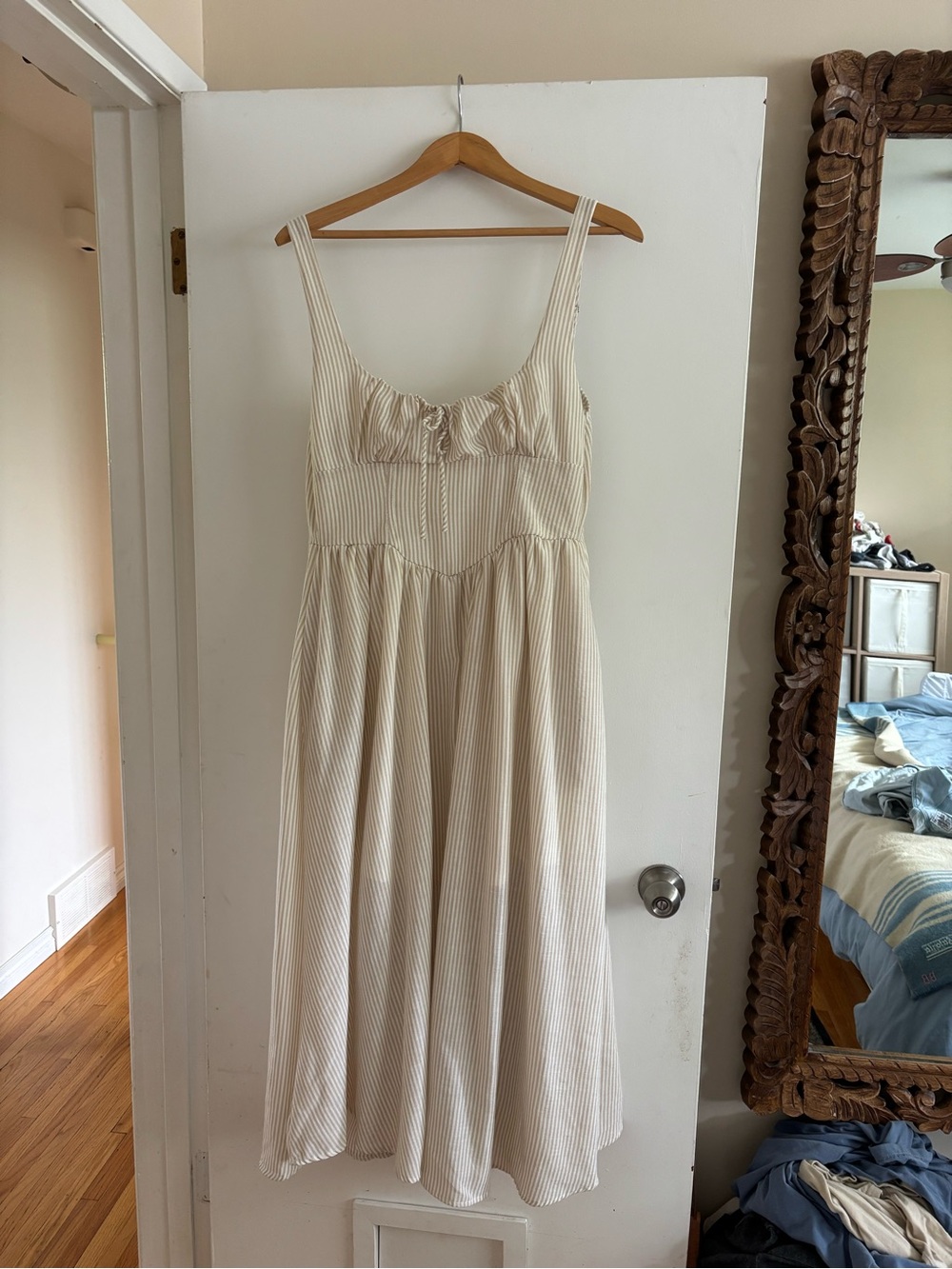 Workshop Republic Clothing Cream Sleeveless Midi Dress with Subtle Stripes